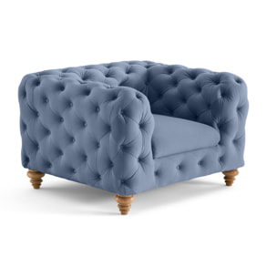 Walter - fauteuil chesterfield en velours - pieds bois - Bleu Ardoise
