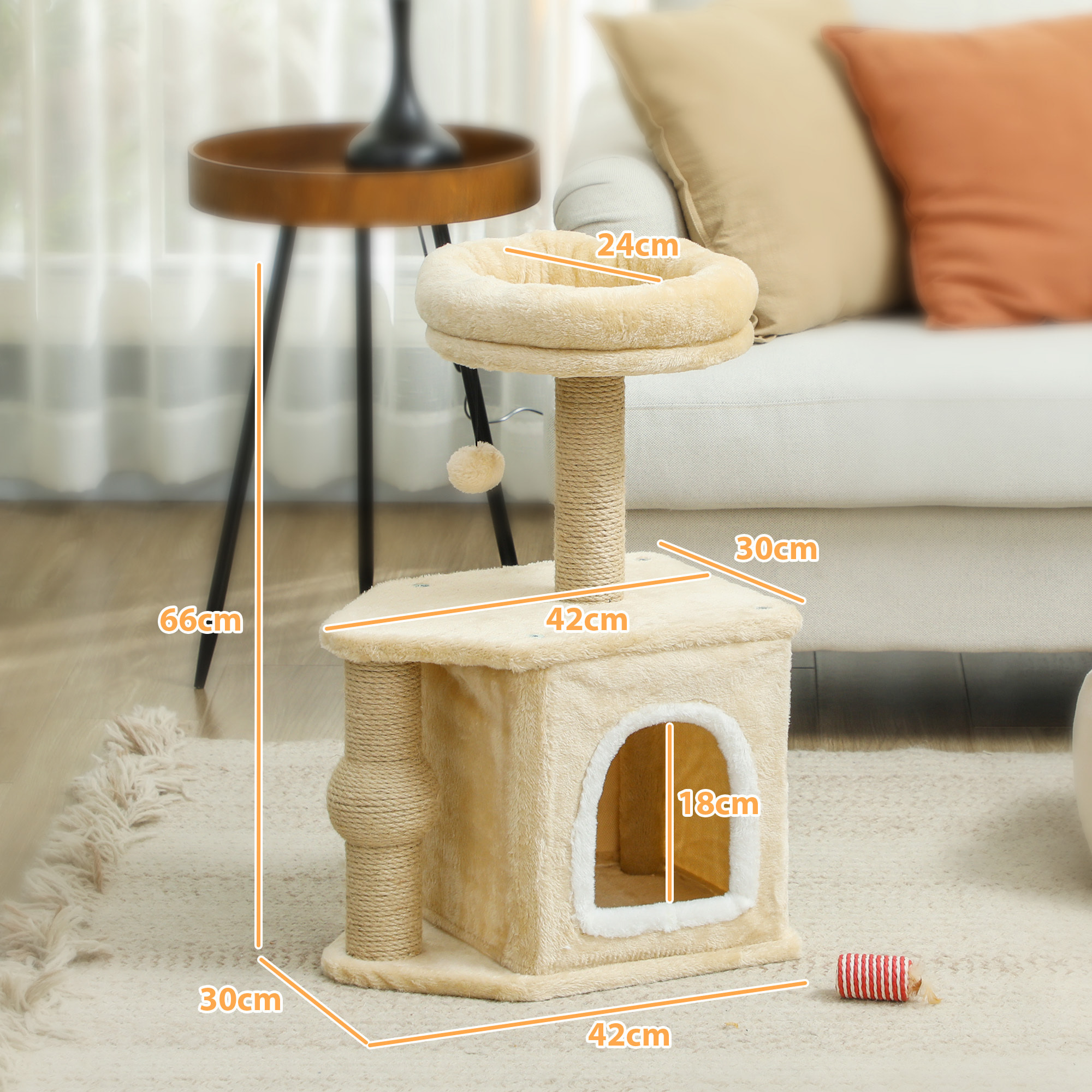 Árbol Rascador para Gatos Altura 66 cm Árbol para Gatos Torre para Gatos con Cama Cueva Plataforma Bola Colgante y Poste de Yute Beige