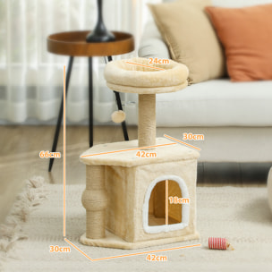 Árbol Rascador para Gatos Altura 66 cm Árbol para Gatos Torre para Gatos con Cama Cueva Plataforma Bola Colgante y Poste de Yute Beige