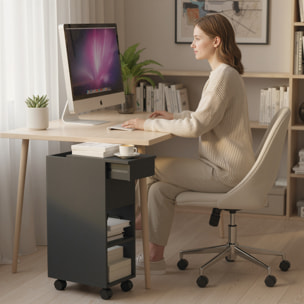 Mesa Auxiliar con Encimera Deslizante y Ruedas, Mesita Auxiliar con Almacenamiento Oculto y Estante Ajustable, para Salón, Dormitorio, Negro