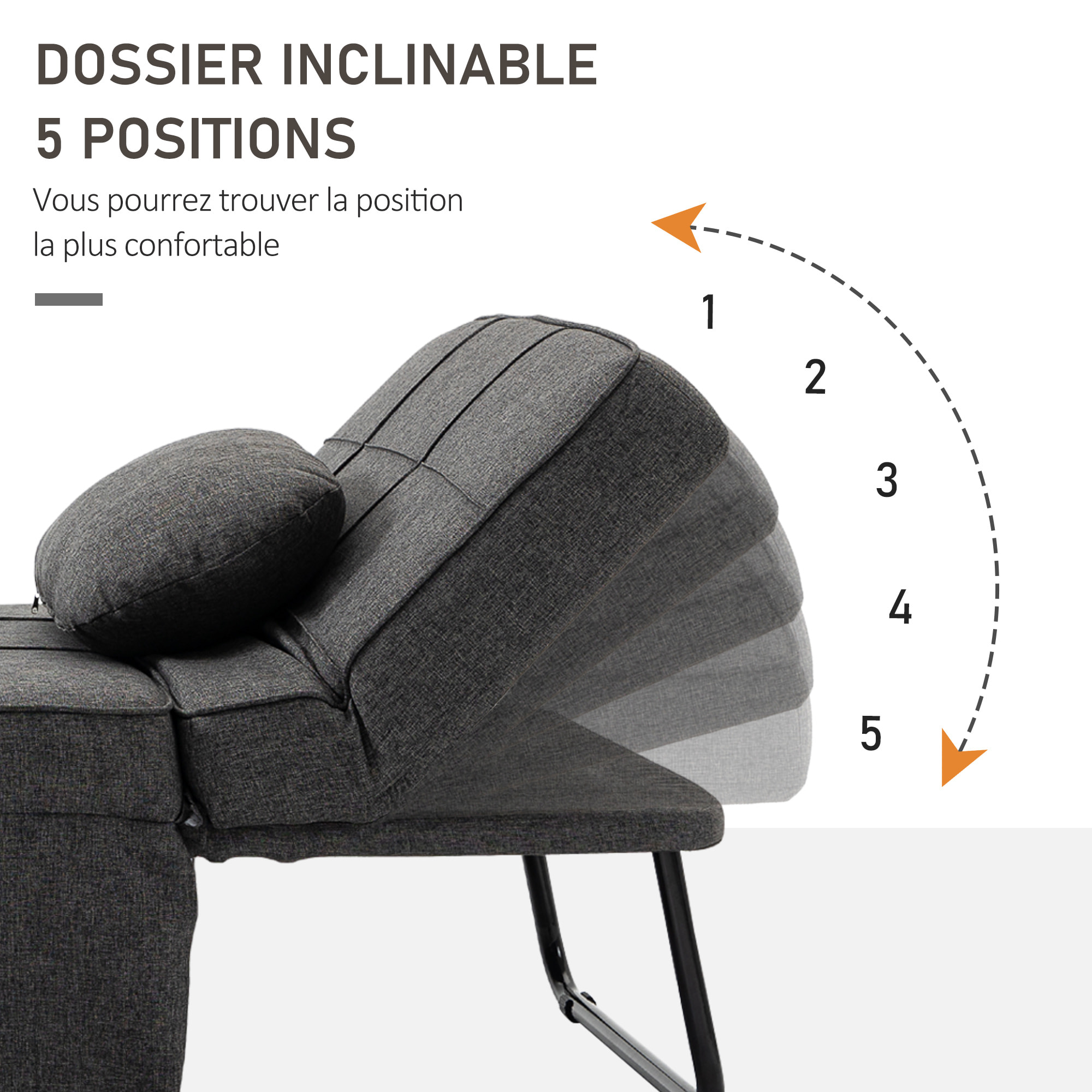 Fauteuil chauffeuse chaise longue pouf 3 en 1 dossier inclinable 5 niveaux repose-pied rabattable châssis métal noir lin gris