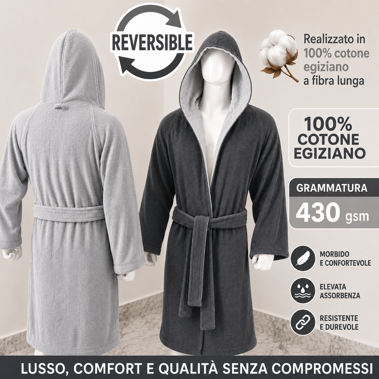 COTONE EGIZIANO Accappatoio Reverse in cotone egiziano 430 gr_Grey