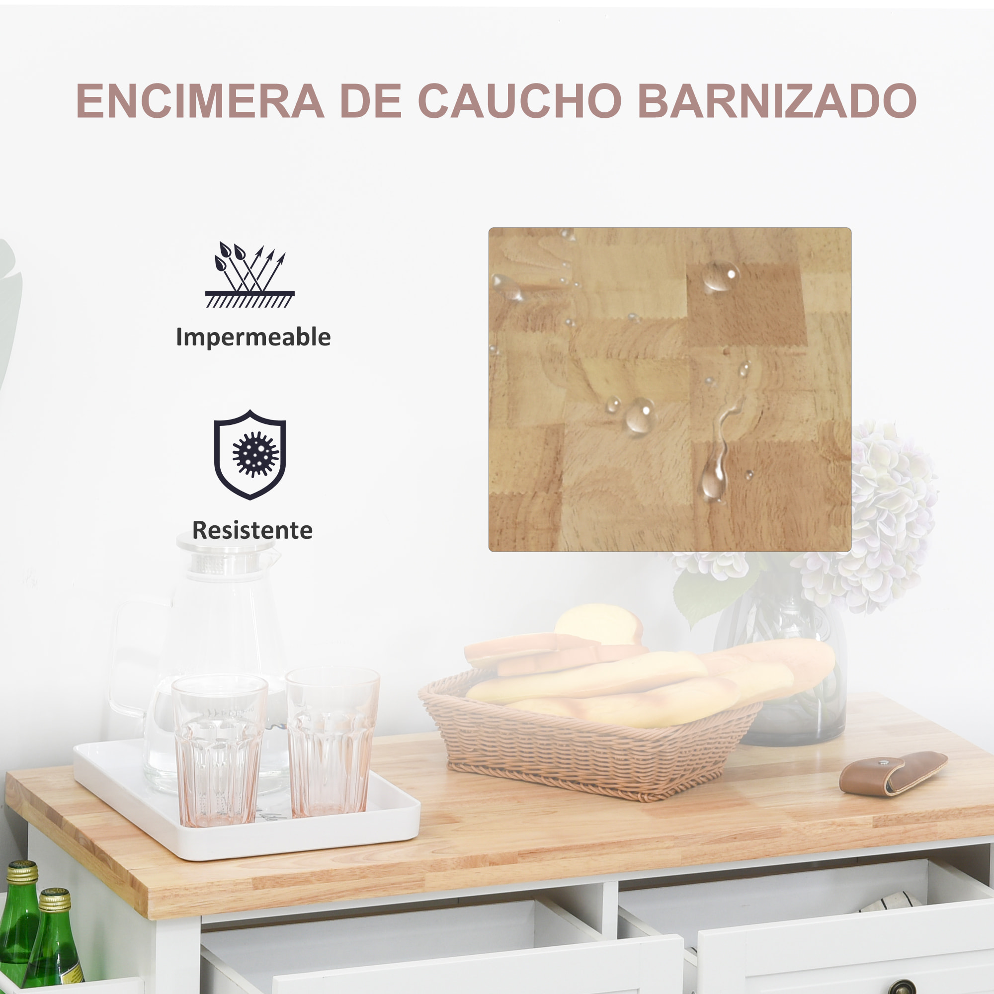 Isla de Cocina con Ruedas Mueble Auxiliar de Cocina con 2 Cajones 4 Puertas Especiero y Barra Lateral para Comedor 111x44,5x82,5 cm Blanco