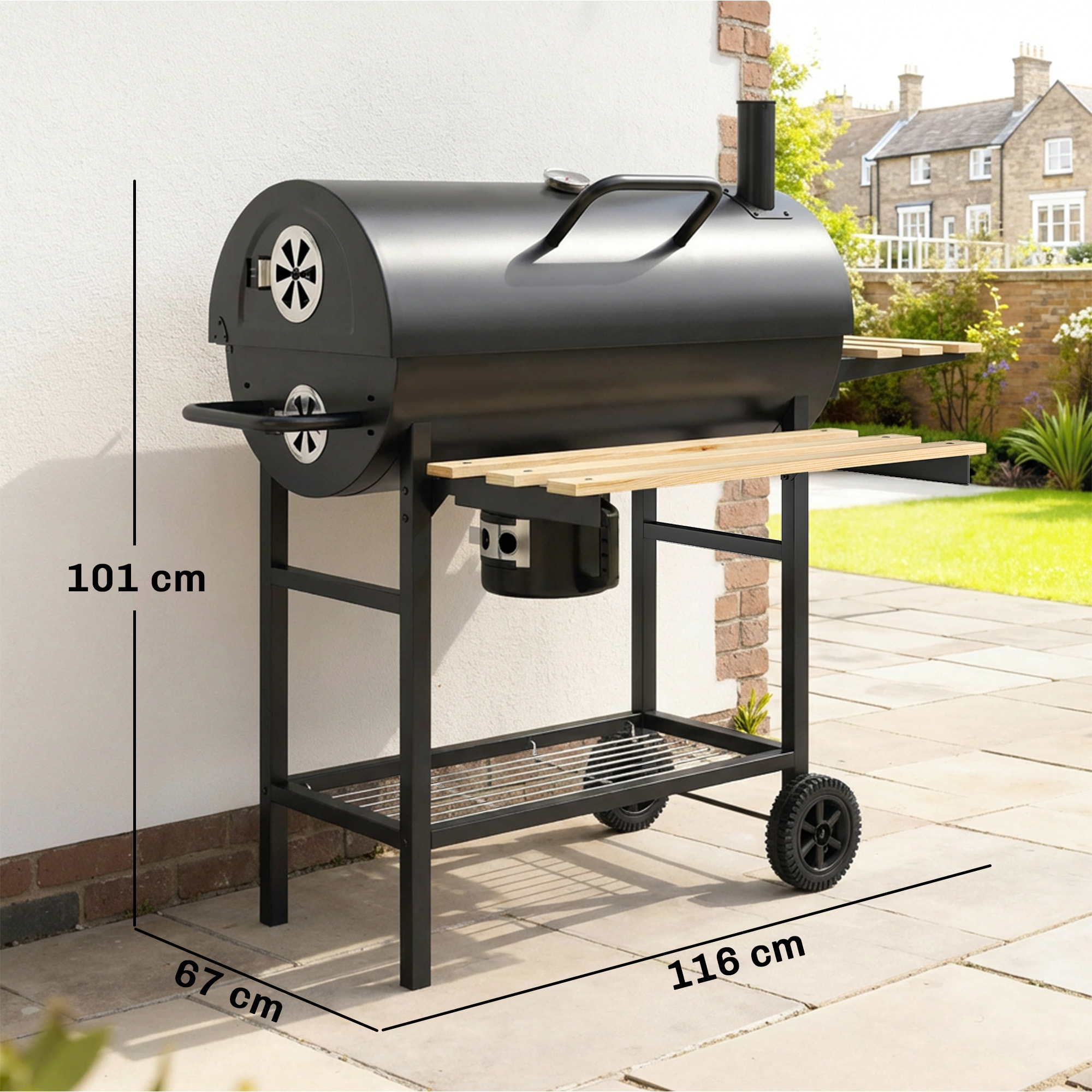 Barbacoa de Carbón Portátil, Barbacoa Carbón Barril Móvil con Asador Eléctrico, Estantes Plegables, Rejilla de Calentamiento, Termómetro, Ventilaciones Ajustables, Recoge Cenizas, Ruedas, Asa