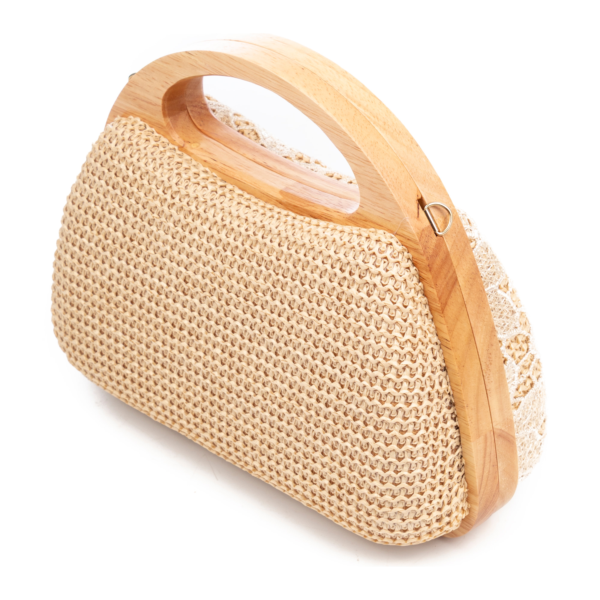 Ausa bolso de mano fabricado en madera natural, con papel trenzado y jute diseño malla de tejido floral.