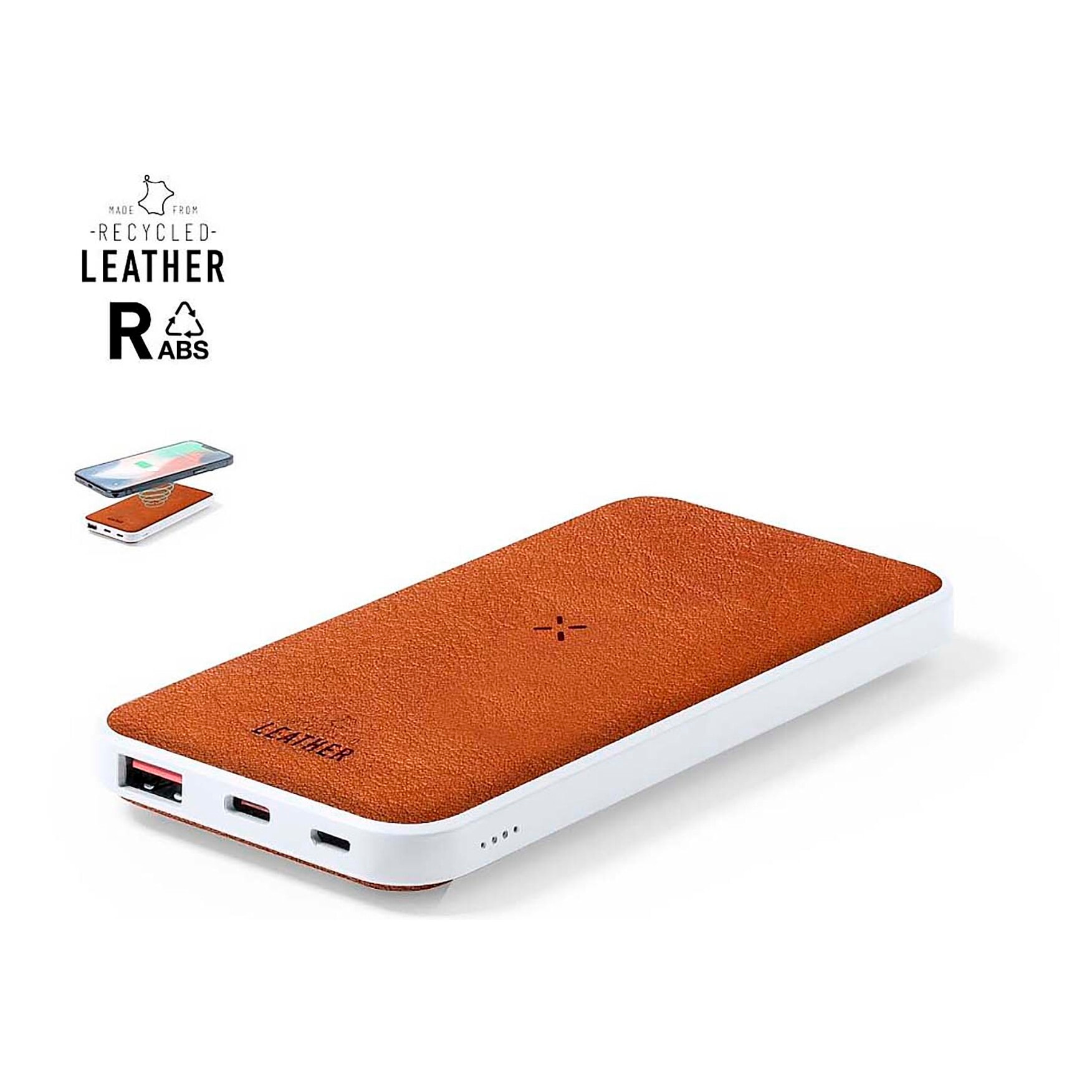 Power Bank RABS y cuero Inalámbrico 10W. 8000 mAh. 1 Salida USB y 1 Tipo C. Entrada Micro USB y Tipo C