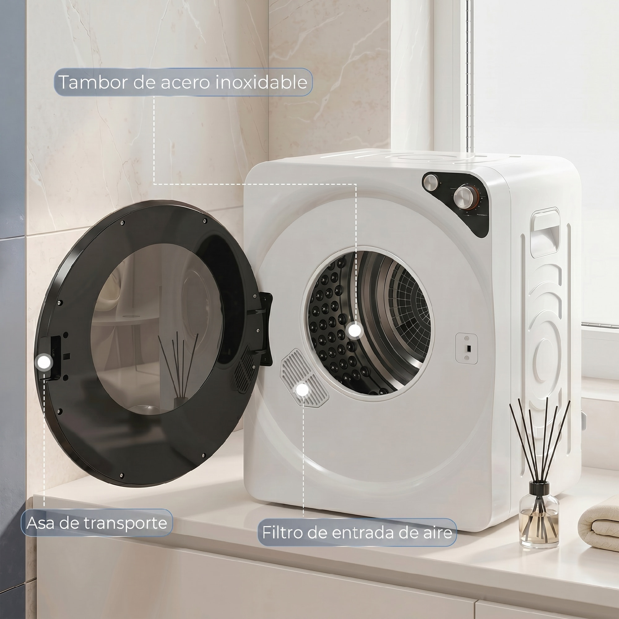 Secadora de Ropa 5 kg, Secadora de Evacuación Compacta 1000W, 5 Programas, Temporizador, Función Esterilizar, Tambor de Acero Inoxidable, Apilable o para Piso, Blanco