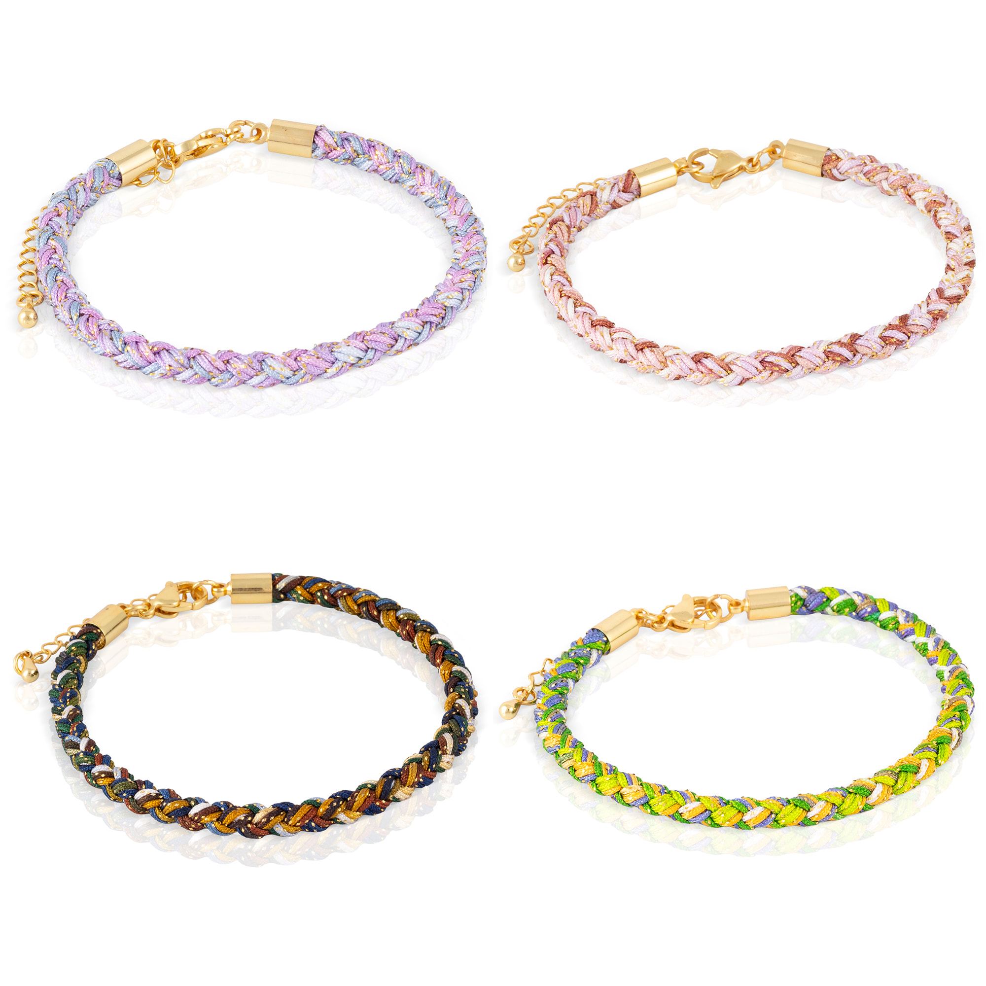 Pack de 4 pulseras trenzadas de alambre de acero multicolor con cierre de mosquetón en cobre dorado.