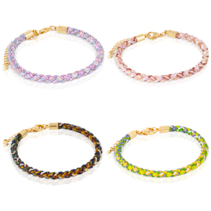 Pack de 4 pulseras trenzadas de alambre de acero multicolor con cierre de mosquetón en cobre dorado.