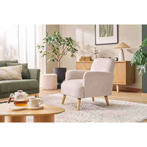 Fauteuil scandinave en tissu effet velours texturé beige et bois clair ISKO