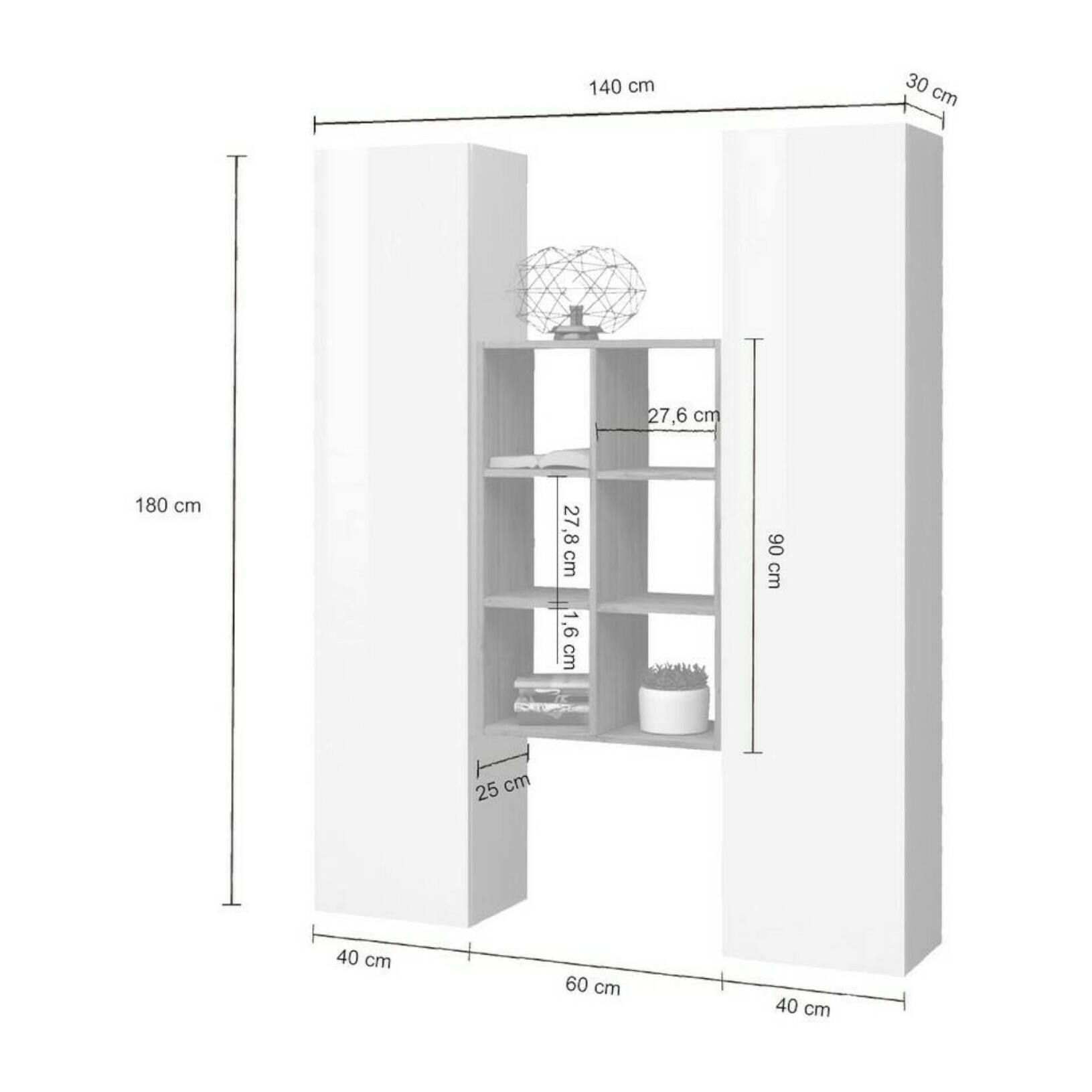 Credenza Franco, Set da soggiorno a 2 ante e ripiani, Buffet da soggiorno, Madia da cucina, 100% Made in Italy, cm 140x30h180, Bianco lucido e Acero