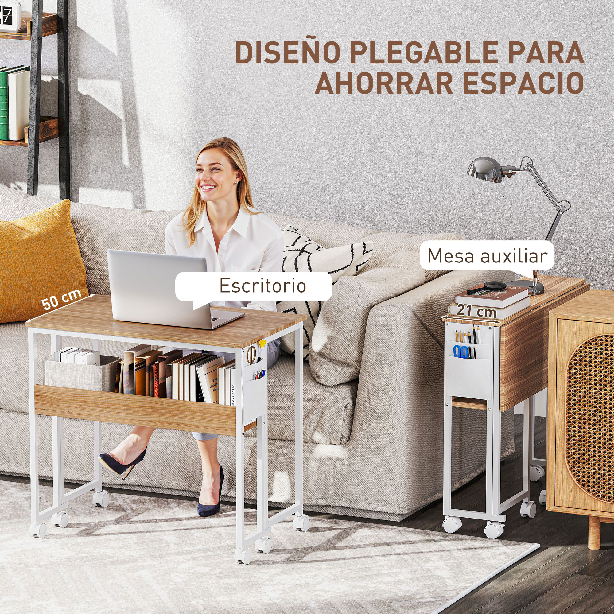 Escritorio Plegable con Ruedas y Estante Mesa Escritorio Compacta con Bolsillo de Almacenaje Mesa de Ordenador Portátil para Casa Oficina Espacios Pequeños 80x50x75 cm Natural