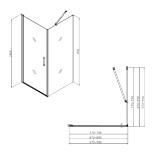 Fusion ensemble porte pivotante /paroi 100x90cm anticalcaire avec profilés chrome brillant (SATFUD100S90-SET)