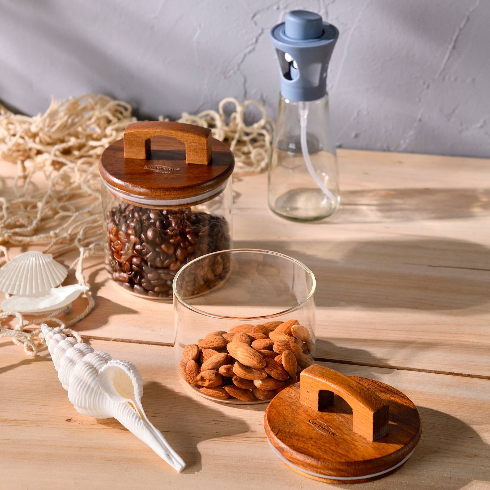 Set de botes 400ml + 500ml san ignacio vidrio de borosilicato y tapas de madera de acacia