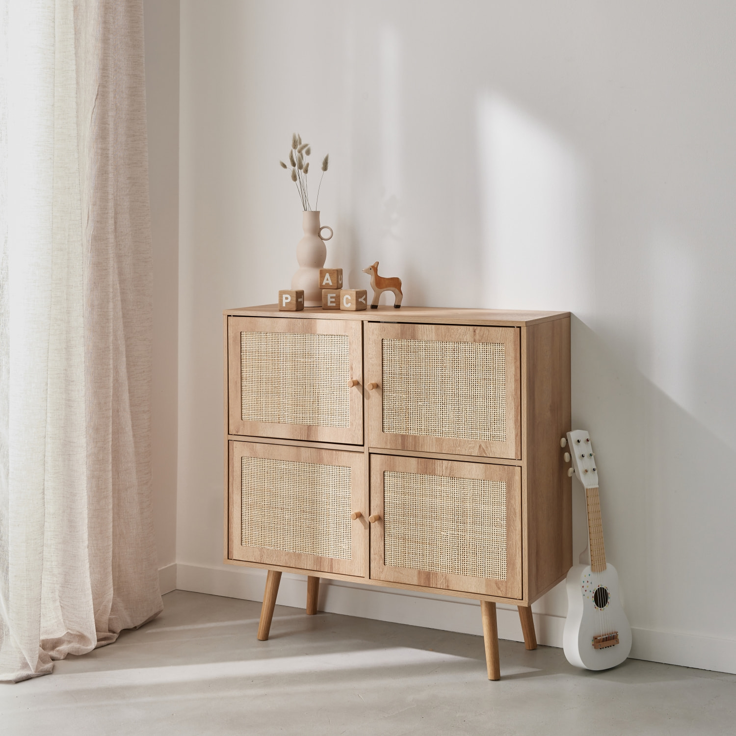 Commode enfant décor bois et cannage 4 portes BOHÈME