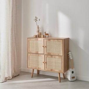 Commode enfant décor bois et cannage 4 portes BOHÈME