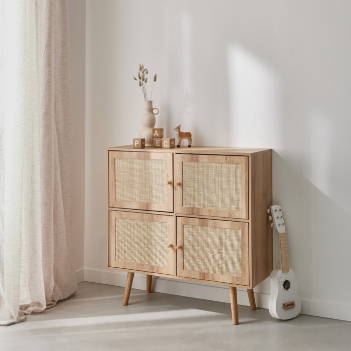 Commode enfant décor bois et cannage 4 portes BOHÈME