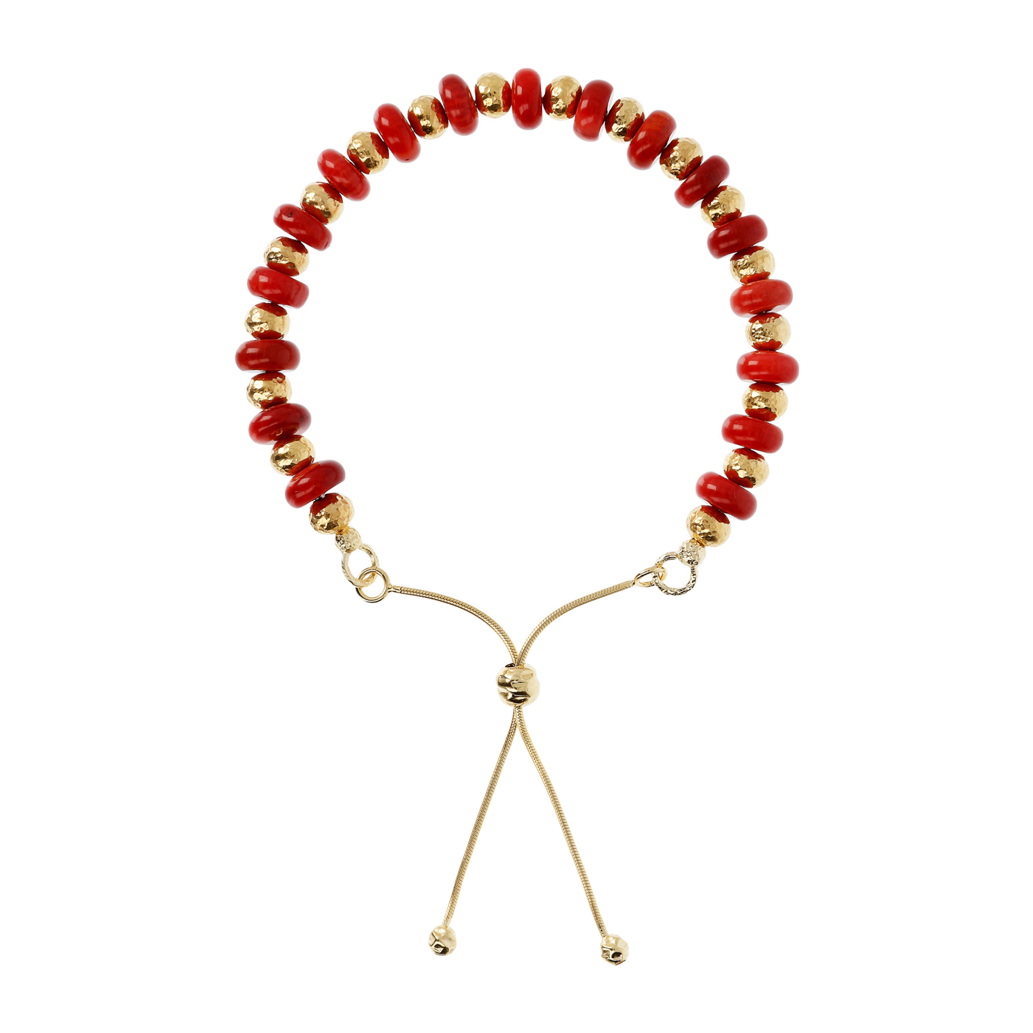 Bracciale con Sfere Golden Martellate e Pietra Naturale Corallo Bambù Rosso