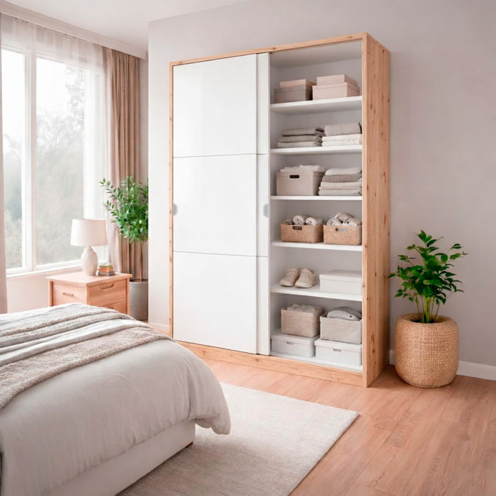 Armadio Guardaroba Con Ante Scorrevoli Salvaspazio 5 Ripiani E Asta Appendiabiti 120 x 50 x 200 Cm Colore Bianco E Rovere Nodi