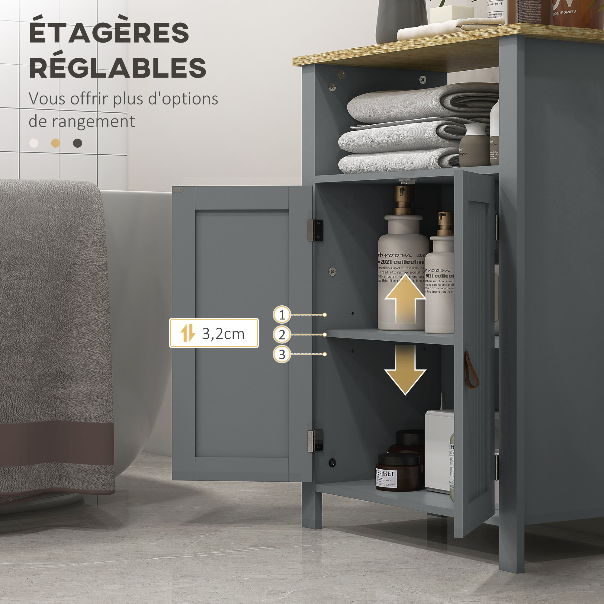 Meuble bas de salle de bain sur pied 2 portes étagère niche plateau aspect bois clair gris