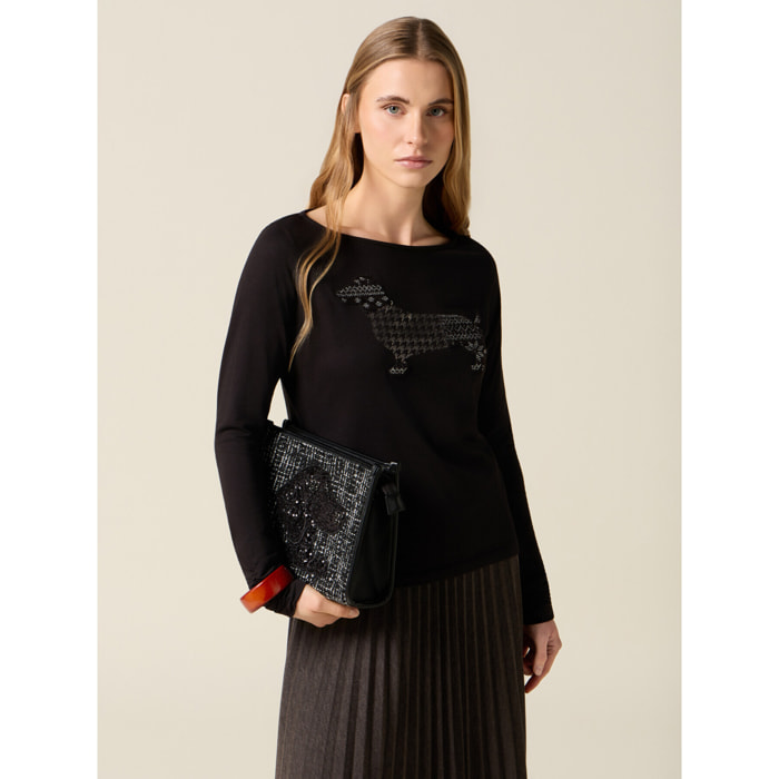 Oltre - T-shirt maniche lunghe con stampa e applicazioni - Nero