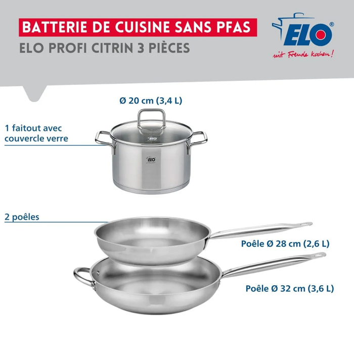 Ensemble de 2 Poêles de cuisson 28 et 32 cm et 1 faitout 20 cm Elo Profi Citrin