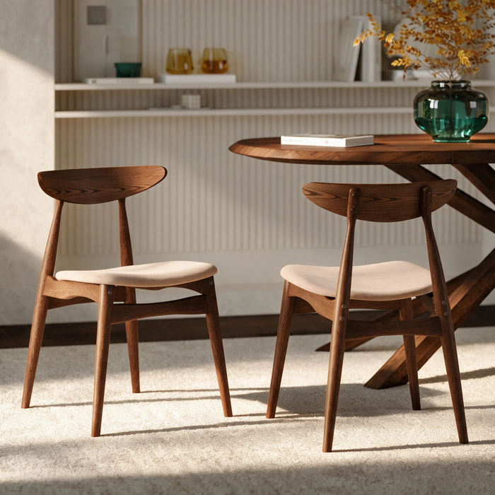 Lot de 2 chaises en tissu beige et bois foncé d'hévéa - Josette
