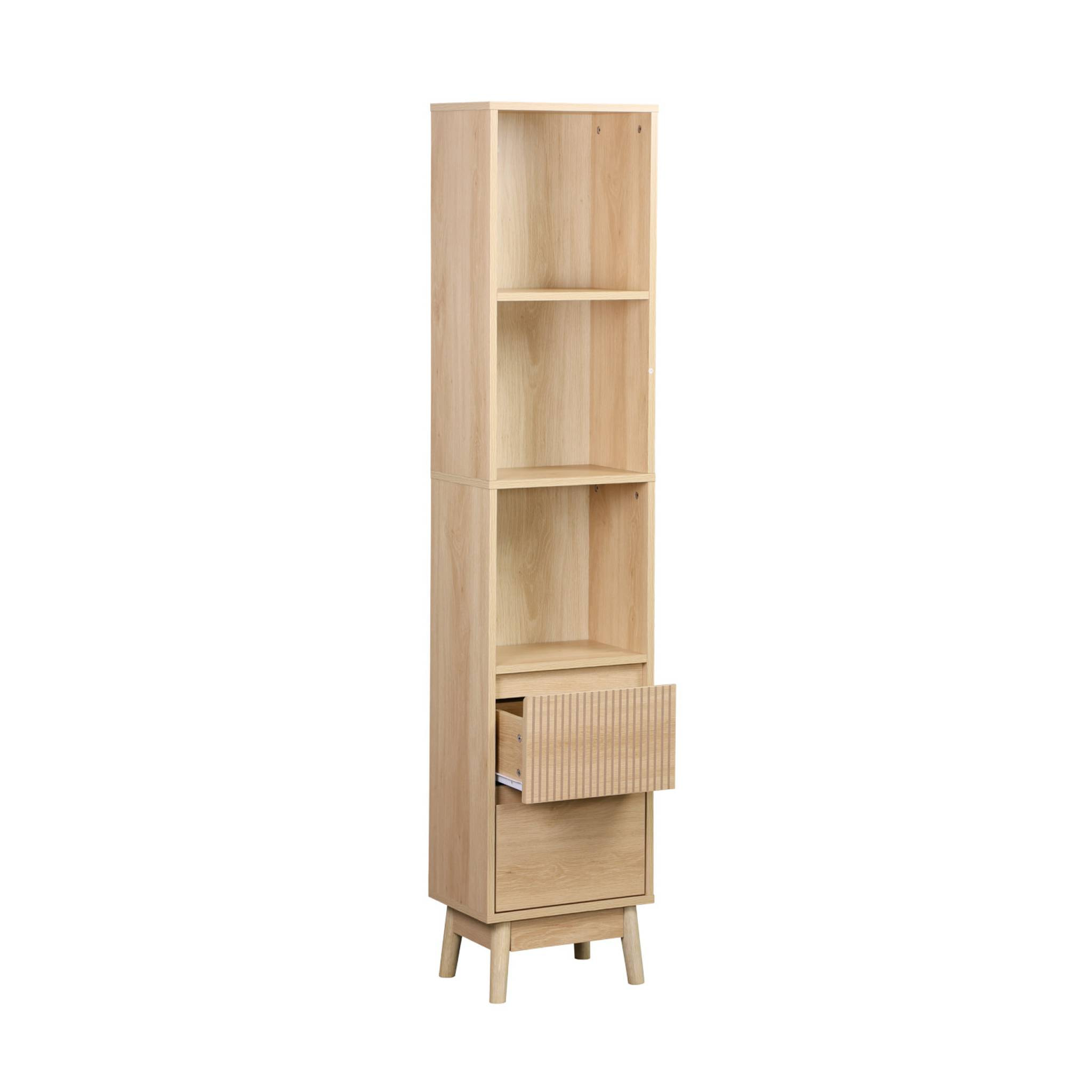 Colonne de rangement décor bois LINEAR 3 étagères 2 tiroirs. 35 x 25 x 167 cm. Naturel