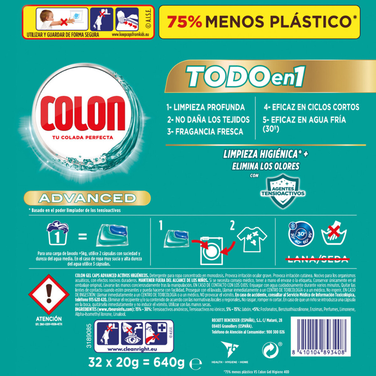 Colon Cápsulas Higiene detergente para lavadora, Pack 4x32 (128 cápsulas)