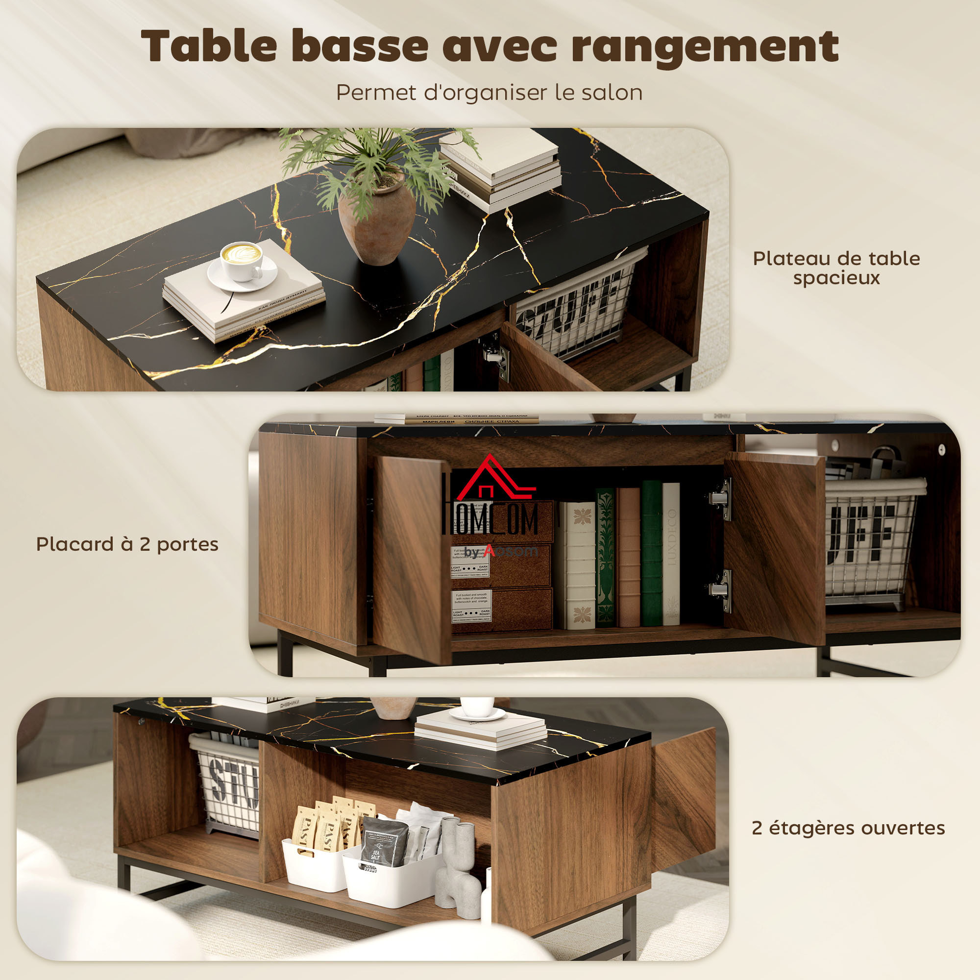Table basse, table de salon avec plateau effet marbre, 2 portes et 2 compartiments ouverts, cadre en acier, 100 x 50,8 x 45,7 cm