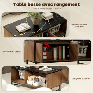 Table basse, table de salon avec plateau effet marbre, 2 portes et 2 compartiments ouverts, cadre en acier, 100 x 50,8 x 45,7 cm