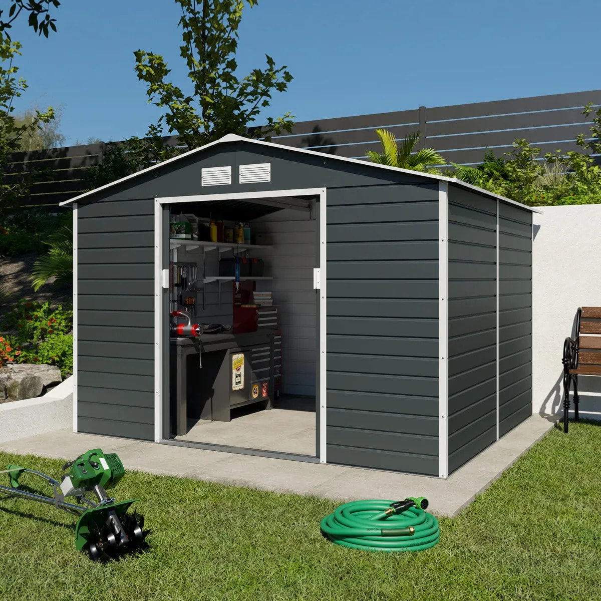 Abri de jardin métal anthracite 6,5 m² + kit d'ancrage