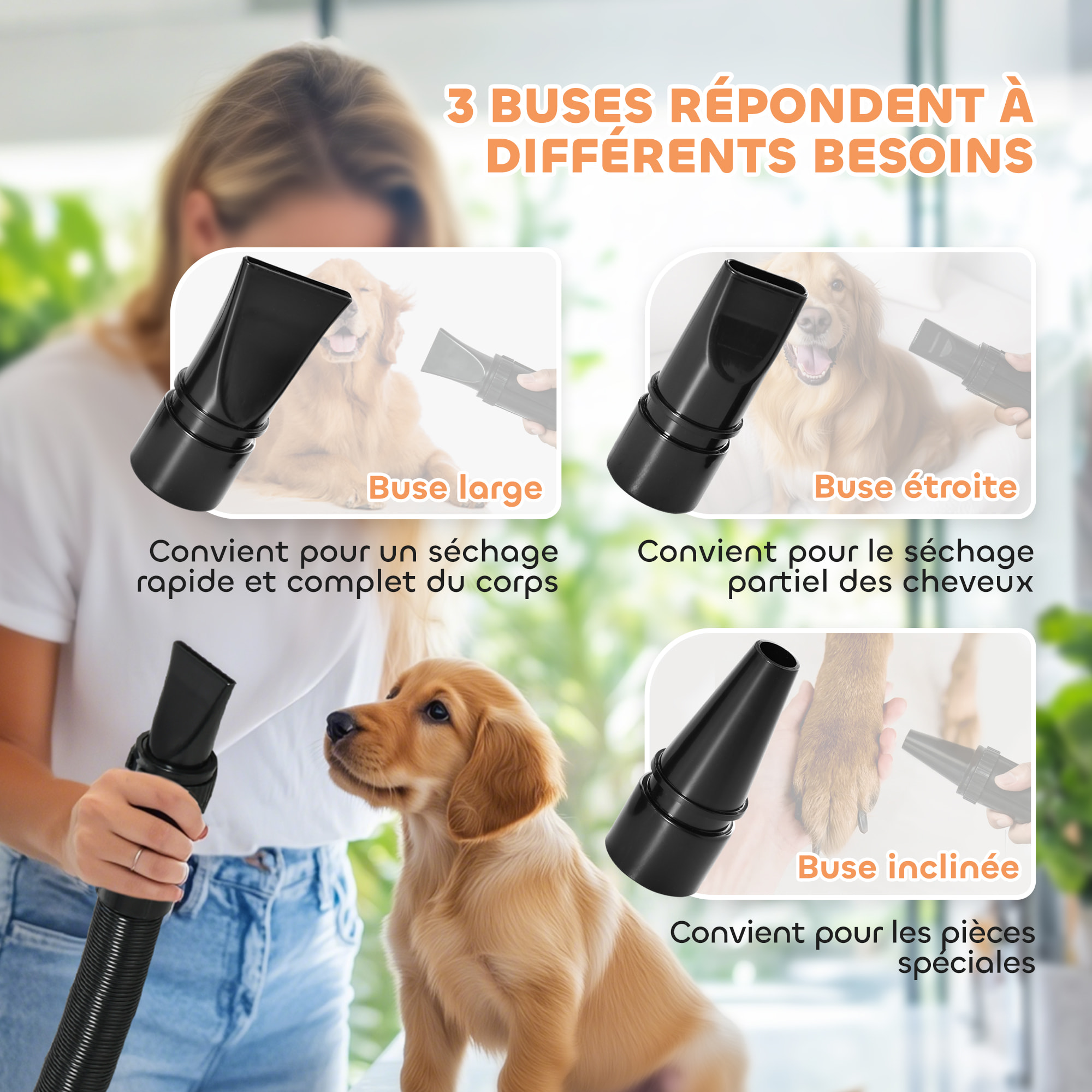 Séchoir pulseur chien professionnel 2200W 3 buses 3 températures réglables poignée blanc