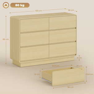 Aparador con 6 Cajones, Cajonera con Bordes Redondeados, Cómoda, Aparador para Salón, Cocina, Entrada, Oficina, Natural, 120x38x86 cm