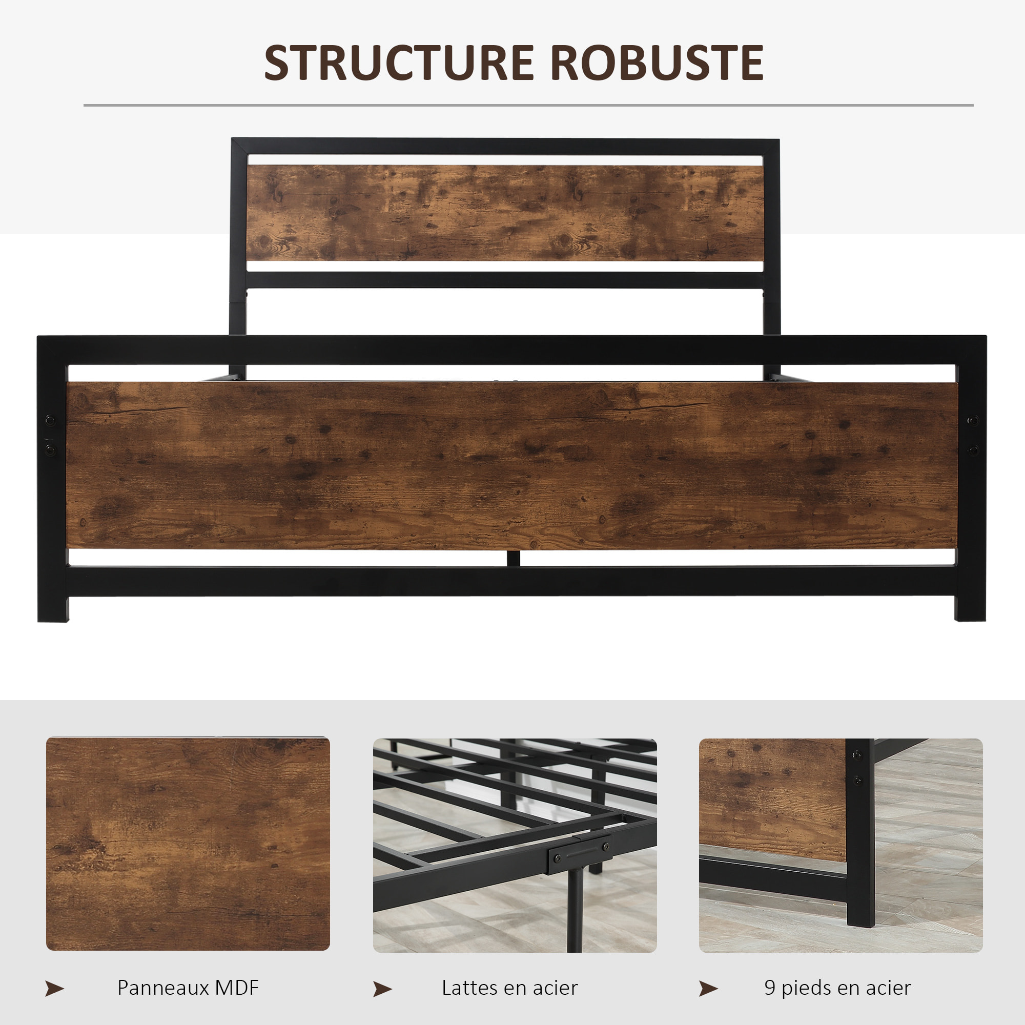 Lit double design industriel - tête de lit, pied de lit et sommier - dim. 208L x 167l x 103H cm - compatible matelas 200L x 160l cm - acier noir MDF aspect bois avec veinage
