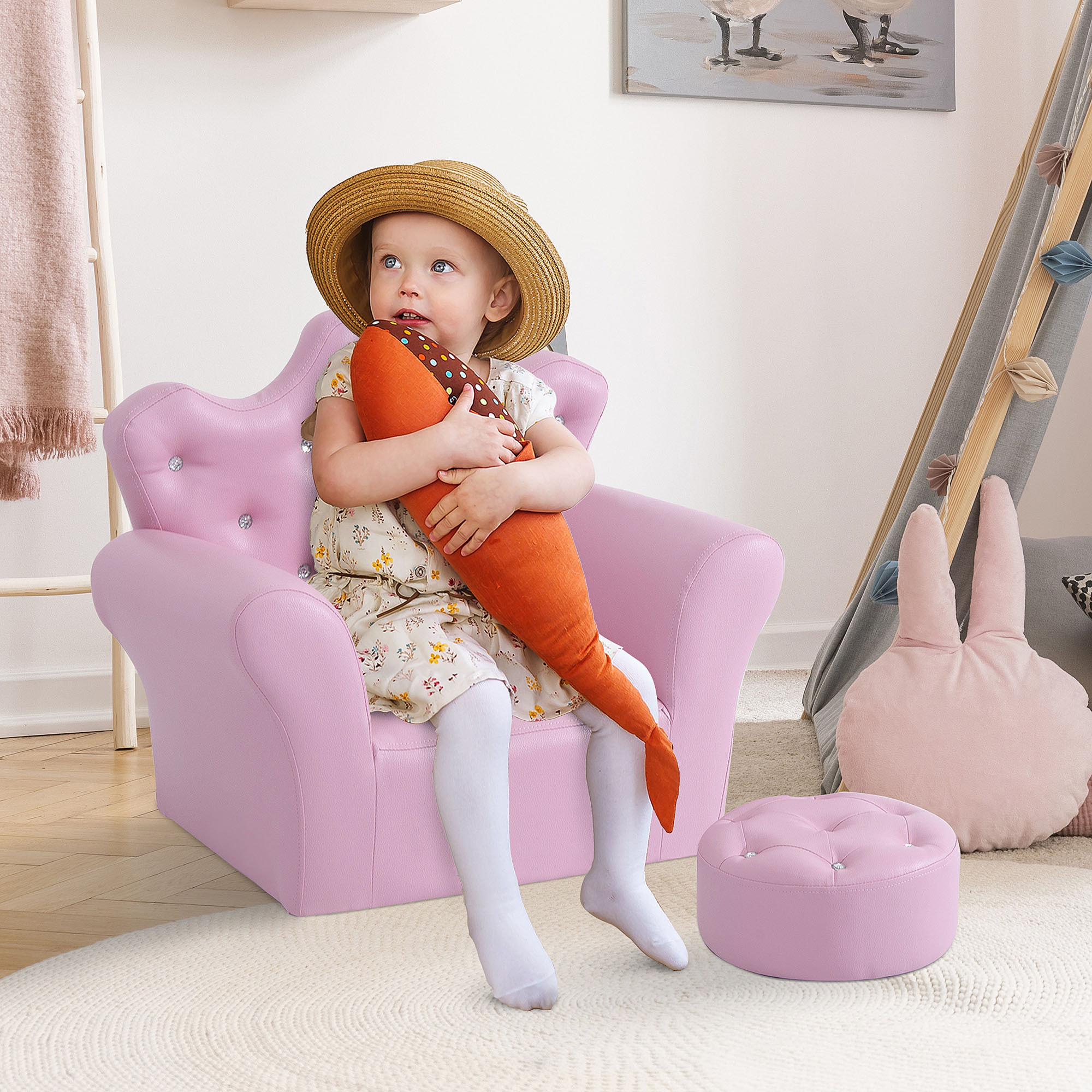 Ensemble fauteuil et pouf enfant design couronne de princesse - dossier et assise pouf avec boutons strass aspect cristaux - structure bois revêtement synthétique PVC rose