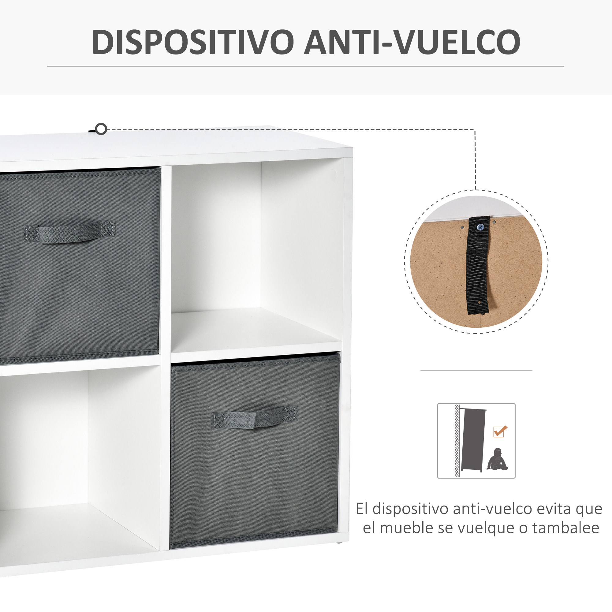 HOMCOM Estantería para Libros de 4 Cubos Librería Modular con 2 Cajones Extraíbles de Tela no Tejida para Oficina Estudio Dormitorio 61,5x30x61,5 cm Blanco y Gris