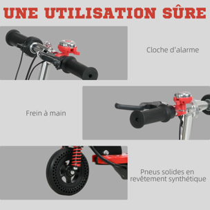 Trottinette électrique pliable enfant 120 W guidon selle réglable 15 Km/h max. suspension AV sonnette rouge noir