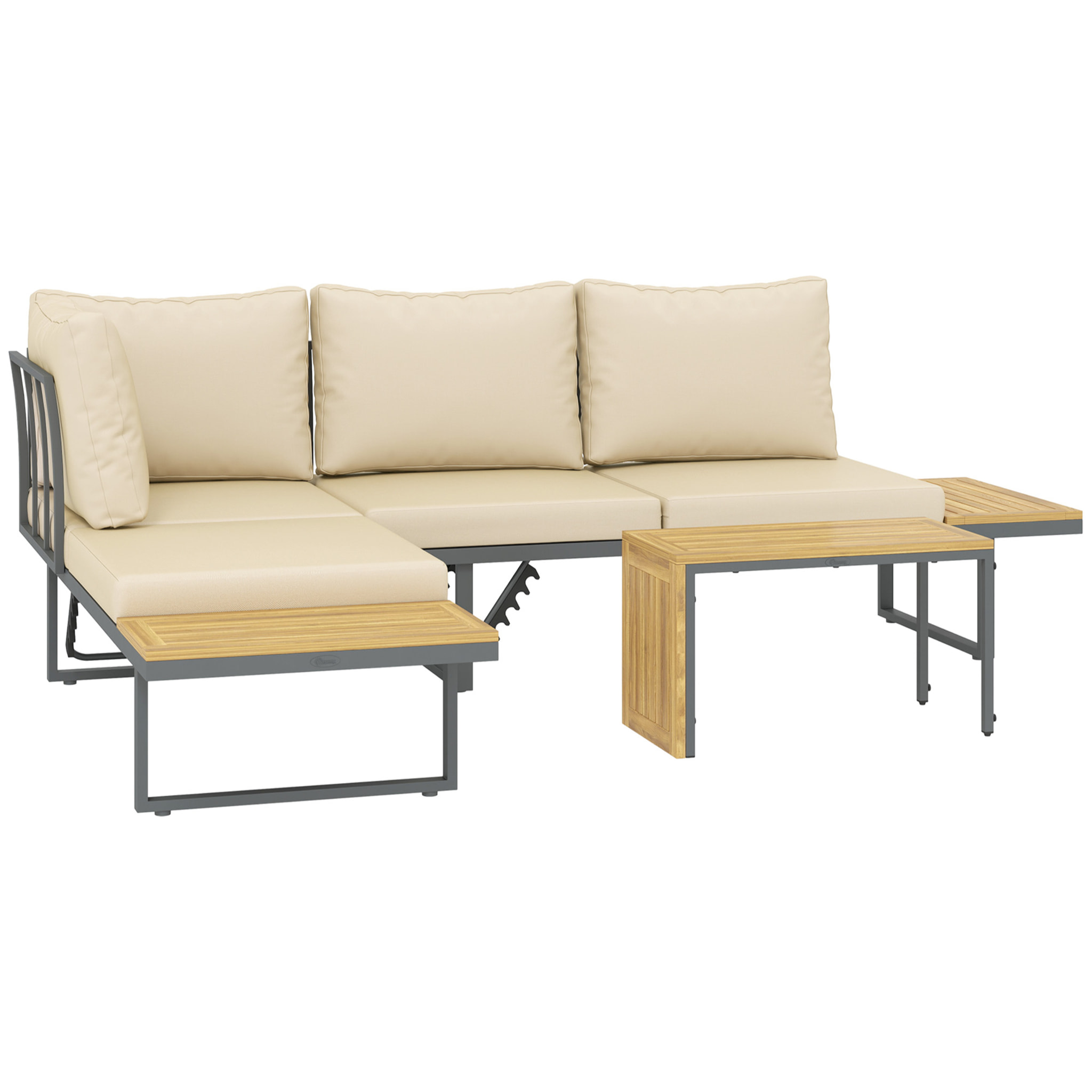 Conjunto de Muebles Jardín Exterior Sofás de Exterior en Forma de L Tumbona con 2 Sofás de 3 Plazas Asiento Ajustable y Mesa de Madera de Acacia Versátil con Cojines Beige y Gris