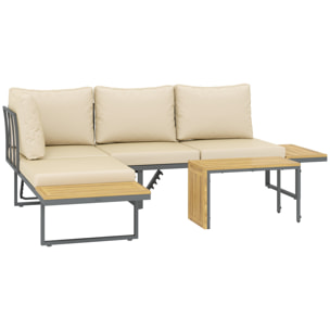 Conjunto de Muebles Jardín Exterior Sofás de Exterior en Forma de L Tumbona con 2 Sofás de 3 Plazas Asiento Ajustable y Mesa de Madera de Acacia Versátil con Cojines Beige y Gris