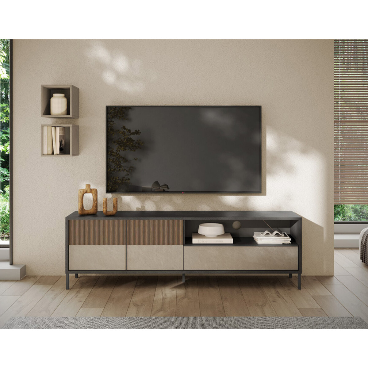 Jules - meuble tv - 2 portes et 1 tiroir - 206 cm - Gris / Bois