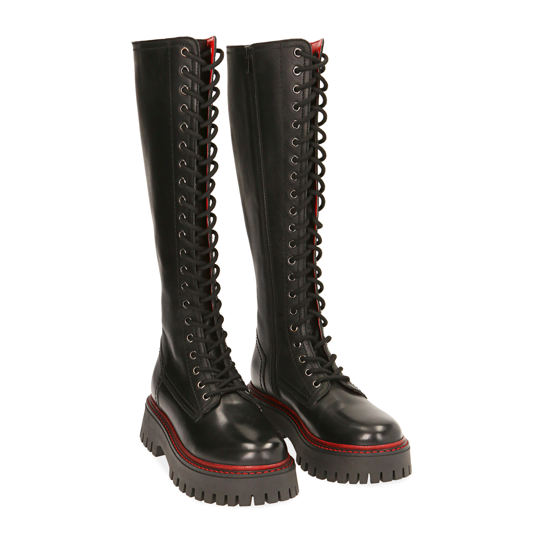 Botas militares de piel negro/rojo, tacón 4,5 cm.