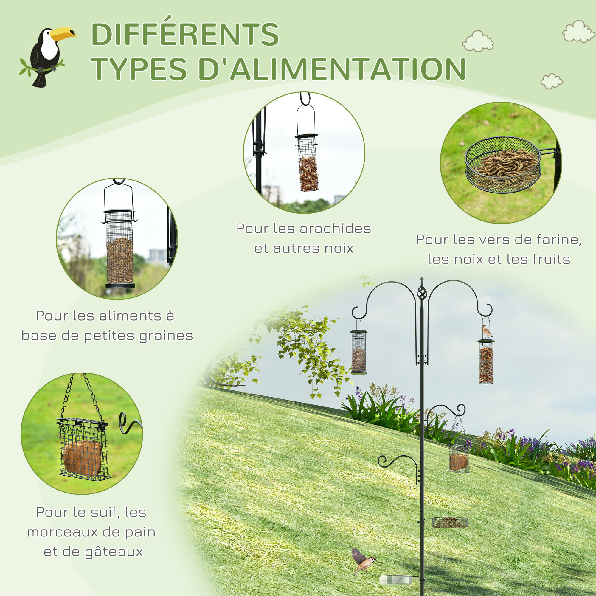 Station d'alimentation pour oiseaux en acier H.208cm 4 crochets contenant eau nourriture
