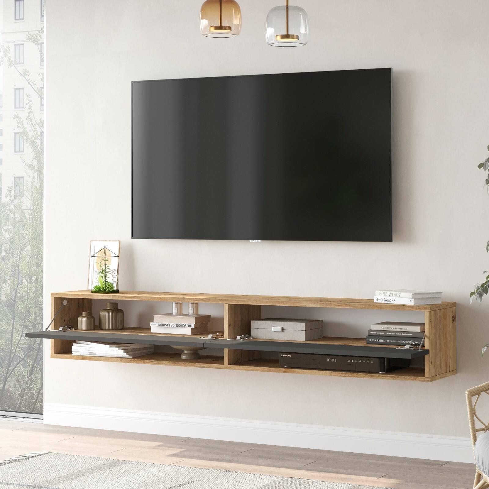 Mobile porta TV Dkechrid, Credenza da soggiorno, Armadio basso per TV, Base parete attrezzata, 180x32h29 cm, Quercia e Antracite