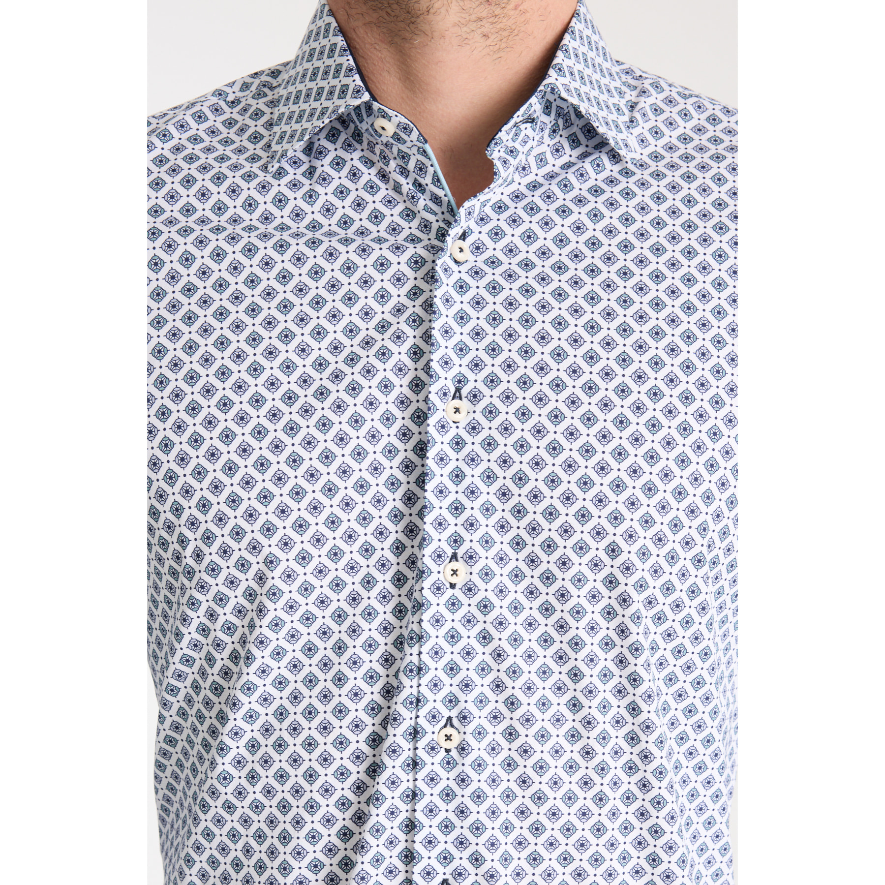 Camicia Uomo 1 Bottone Francese Slim Popeline Stretch Stampato Bianco/Celeste