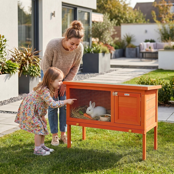Conejera de Madera, Jaula para Conejos Medianos con Techo Asfáltico Abatible, Bandeja Extraíble, Puerta con Pestillo, Conejera Elevada Exterior, para Cobayas y Chinchillas, 90x45x65 cm, Naranja