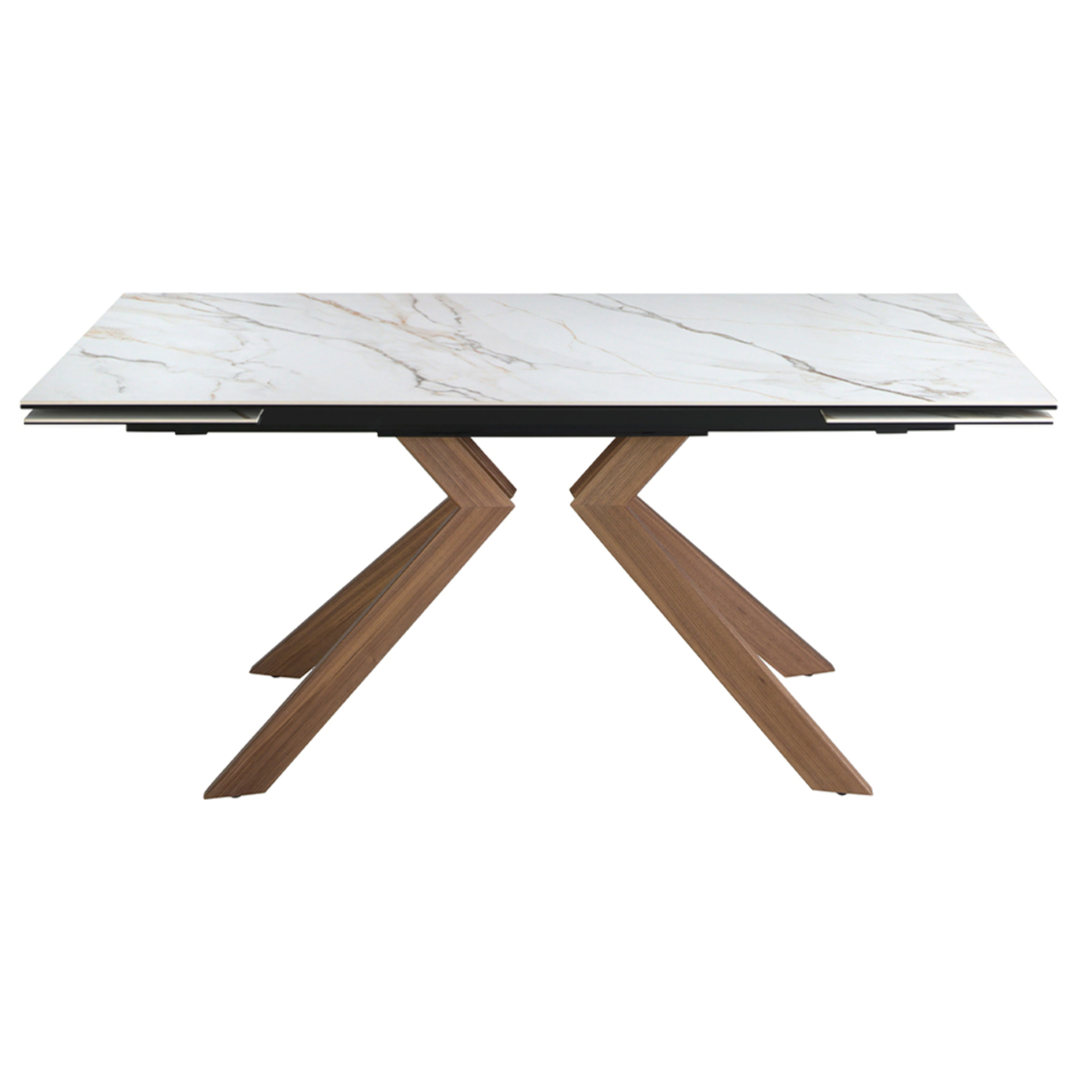 Mesa comedor extensible rectangular con tapa de mármol porcelánico blanco con vetas en tonos grises y marrones en mate 180x90x76cm