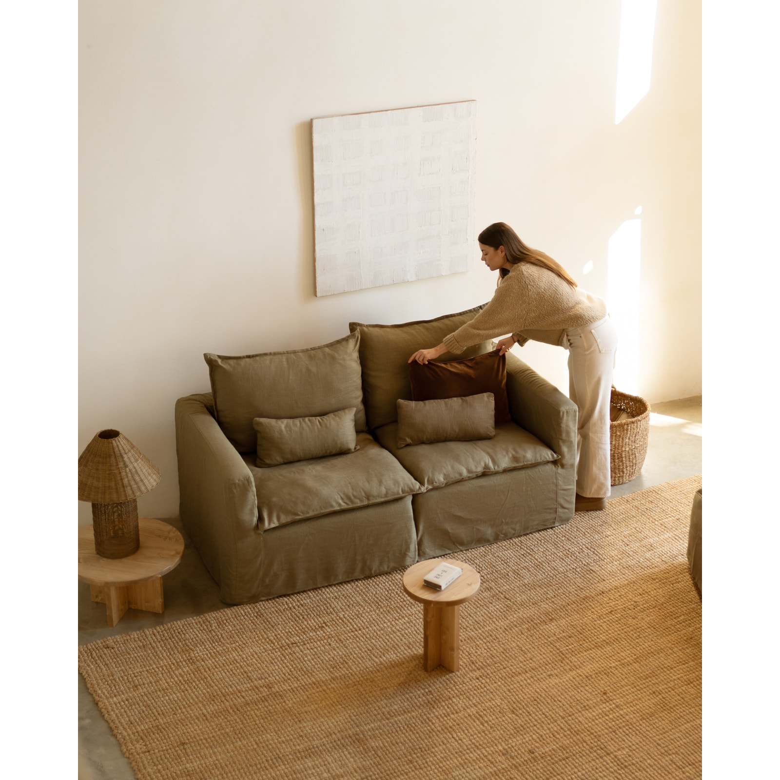 Module en coton et lin avec accoudoir droit déhoussable ton vert de 97x96cm Hauteur: 99 Longueur: 97 Largeur: 96