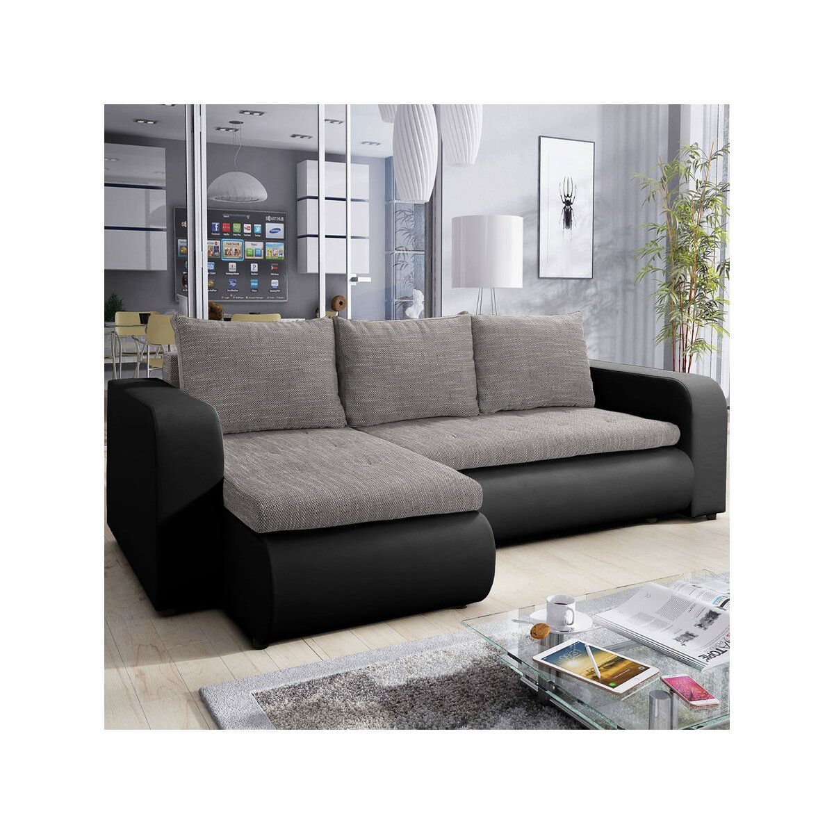 Canapé d'angle Gauche convertible "Brooklyn" - 246 x 150 x 82 cm - 3 Places - Gris Noir