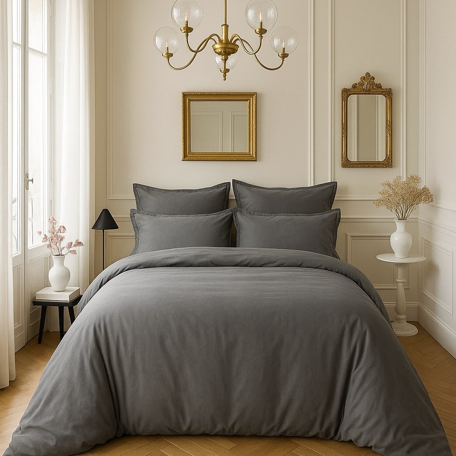 Housse De Couette 100% Satin de Coton lavé 105 Fils Gris Fonce